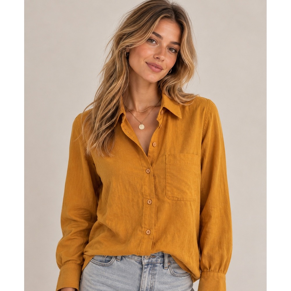 Petite Silk FY2 Button Up Shirt Women Mustard Yellow 100% Silk Long Sleeve Small